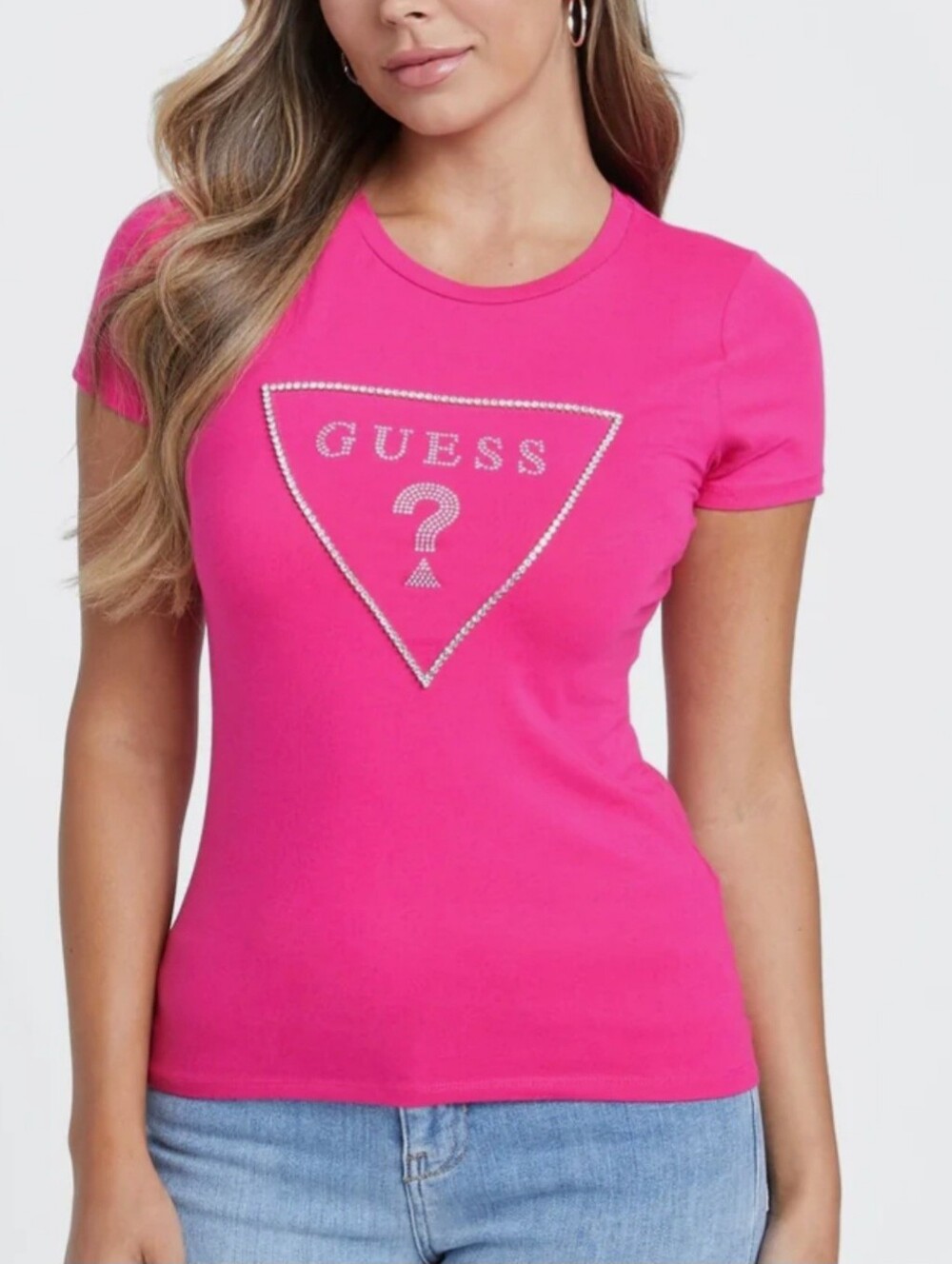 NWOT Guess Fuchsia Pink Rhinestone Triangle Logo Women's T-Shirt Size Large